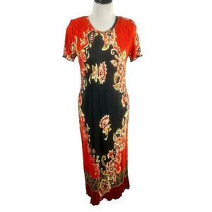 Vintage Ultra Dress Women 8 Red Black Crinkle Stretch Floral Midi Short Sleeves